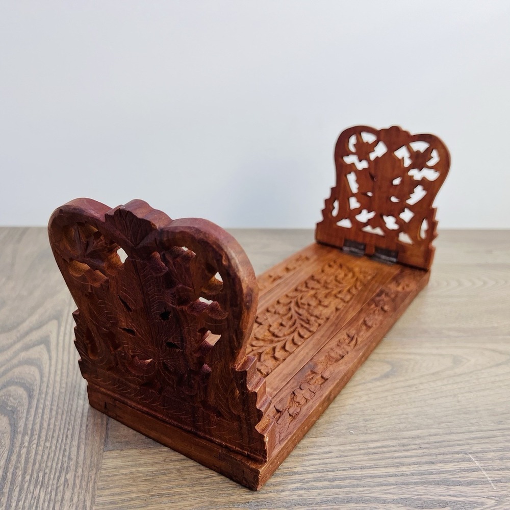 Vintage Ornate Hand Carved Wood Extendable Book Holder Mid Century Bookend